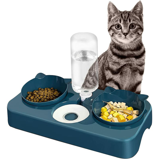 Perle Rare - 3 in 1 Raised Cat Bowl, Double Bowl for Dry and Wet Separation and Automatic Waterer, 8° Tilted Cat Bowl (Blue)