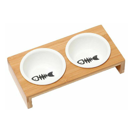 Double Dog or Cat Bowl - Ceramic Bowls with Design Wooden Stand - 2X Bowl 250 ML with Bowl Holder for Croquette Water Pâté