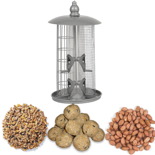 Handy Home and Garden 3 in 1 Deluxe Wild Bird Nut, Seed Fatball Feeder with 1KG bag of Peanuts, 1KG bag of Mixed Seeds and 6 Suet Fat Balls