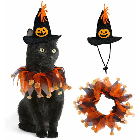 2pcs Halloween Cat Dog Costumes with Halloween Cat Collar and Witch Hat Halloween Costumes for Cats Small Dogs Cosplay Halloween Party Decorations