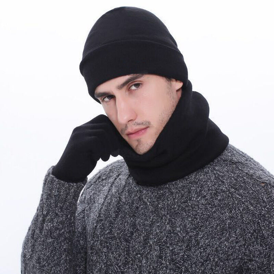 European and American men's wool scarf thickened warm knitting hat scarf gloves three piece set (black)