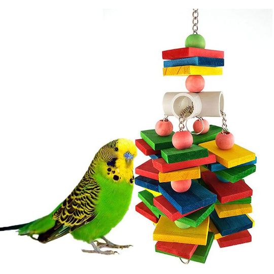 Bird Chew Toys, Colorful Hanging Blocks Toys with Play String for Wooden Parrot