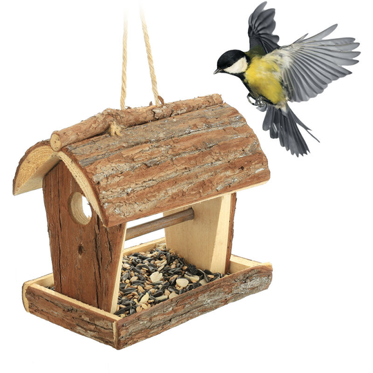 Relaxdays - Bird Feeder, Feeding Station, Hang or Place on Surface, h x w x d: 18 x 13.5 x 19.5 cm, Wood, Natural