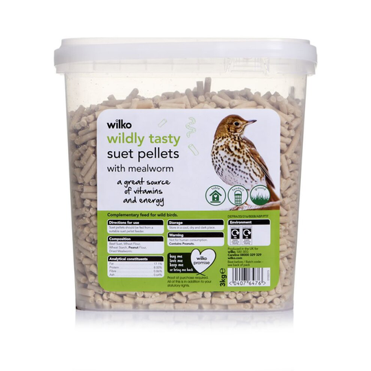 wilko Wild Bird Suet Pellets with Mealworms, Packed with Vitamins for Wild Birds, Suitable for Tables, Feeders or Ground Feeding, 3Kg