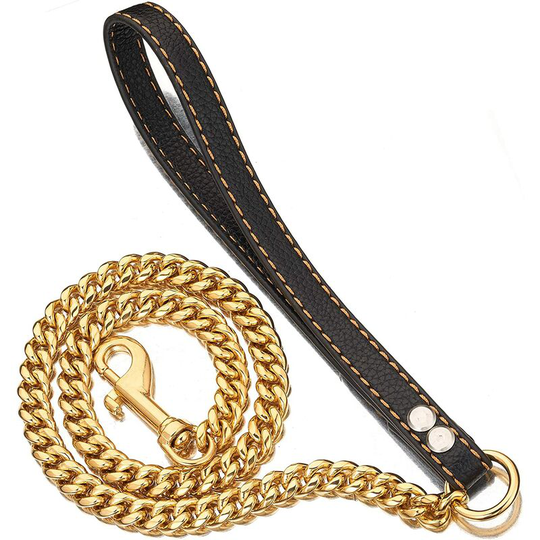 Bearsu - Gold Dog Chain Leash for Cuban Link Collar 12MM Heavy Duty Metal Pet Leash Chain with Leather Padded Handle for Large Medium Small Dogs(3FT,