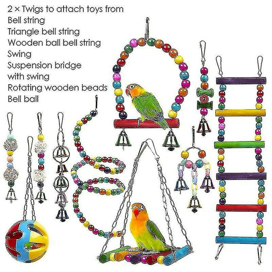 10 Pack Bird Cage Toys For Parrots Reliable Hanging Chewing Bite Bridge Wooden Beads Ball Bell Toys Gift Thsinde