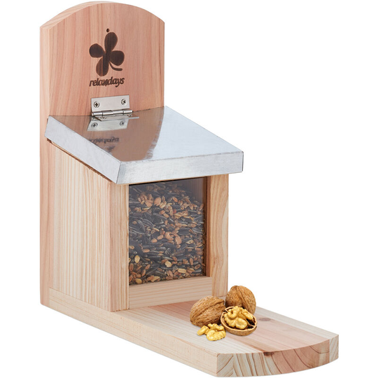 Squirrel Feeder, FSC-Certified, Folding Roof, Ventilation Holes, Feeding Station for Hanging, Natural Wood - Relaxdays