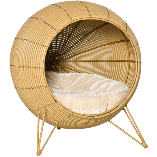 Wicker Cat Bed Elevated Rattan Kitten Basket Cozy Cave w/ Soft Cushion - Sand brown - Pawhut