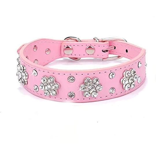 Dog Collar with Rhinestones - Pretty Flowers and Rhinestones - Faux Leather Collar - Adjustable Size: xs - Pink