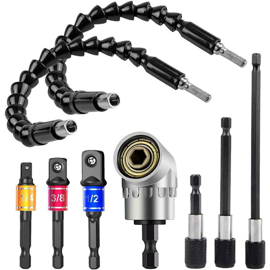 Drill Bit Extensions Hex Shank Bit Nut Screwdriver Set, 2 Bendable Drill Bit Extensions, 3 1/4 3/8 1/2' Universal Socket Adapter Set - Muff