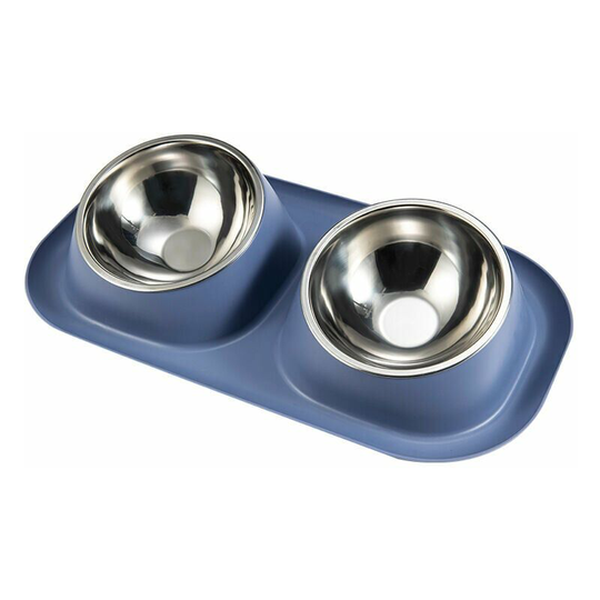 Pet Double Bowl Stainless Steel Anti-Rollover Neck Guard Cat Leak-Proof Bowl Blue