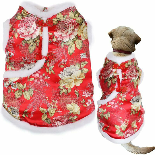 Dog Peony Cheongsam Costume Pet Tang Dress Chinese Cheongsam Costume French Bulldog Teddy and Puppy and Cat (l, Red)