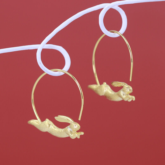 On the Run Jade Rabbit Sterling Silver Cute Flying Rabbit Earrings Elegant women's earrings