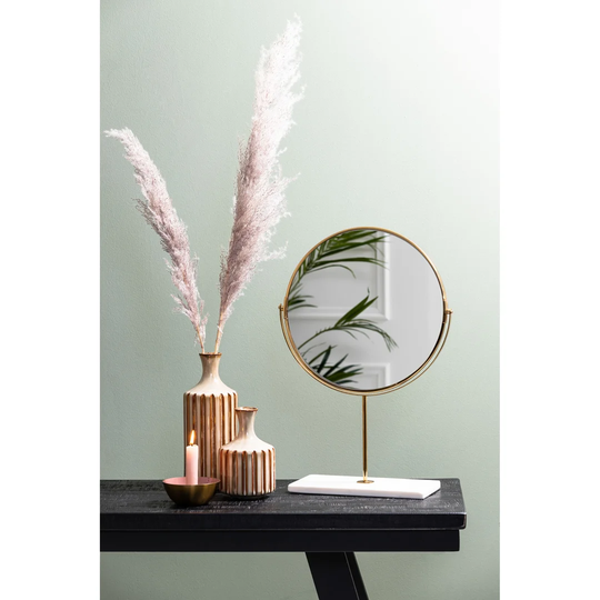 Antonsen Round Metal Framed Freestanding Makeup Mirror in Gold