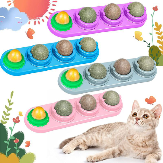 4 Pieces Catnip Ball Cat Toys Rotatable Self-Adhesive Catnip Safe Healthy Toys Cat Snacks Candy Cat Mint Balls for Kittens Molar Teeth Cleaning