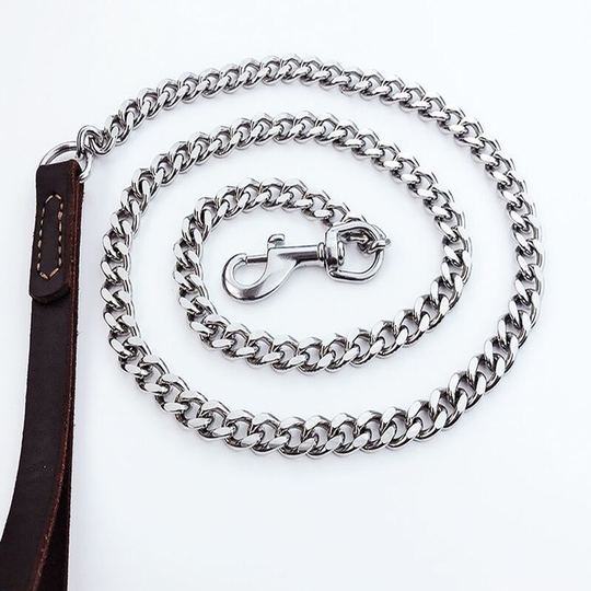 Dog Chain Leash (120cm) Steel Dog Leash Metal Leather Soft Leather Handle -l