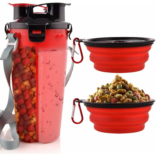 FVO - Dog Water Bottle with 2 Collapsible Bowls Portable 2 in 1 Water Bottle and Food for Dogs Cat Pets, Travel Bottle for Walking, Exercising,