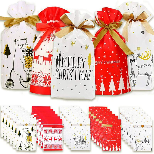 Thsinde - Christmas Gift Bags, 30 Gift Bags with Drawstring Small Treat Bag for Candy Cookies Kids Gifts -30 Bags
