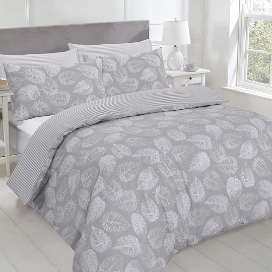 NightComfort Leaves Print Silver Grey Cotton Rich Duvet Cover Set with Pillowcase