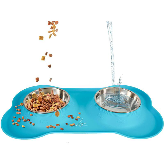 Non-Slip and Anti-Drip Stainless Steel Double Bowl - Dog Bowl with Silicone Mat (m, Blue)