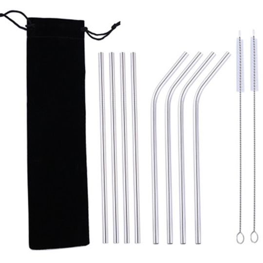 Reusable stainless steel straws, 8 metal straws in a set, with 2 cleaning brushes, environmentally friendly, non-toxic, washable, ideal for