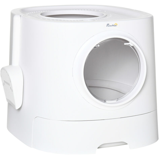 Cat Litter Box Portable Pet Toilet Fully Enclosed Kitten Pan w/ Scoop - White - Pawhut