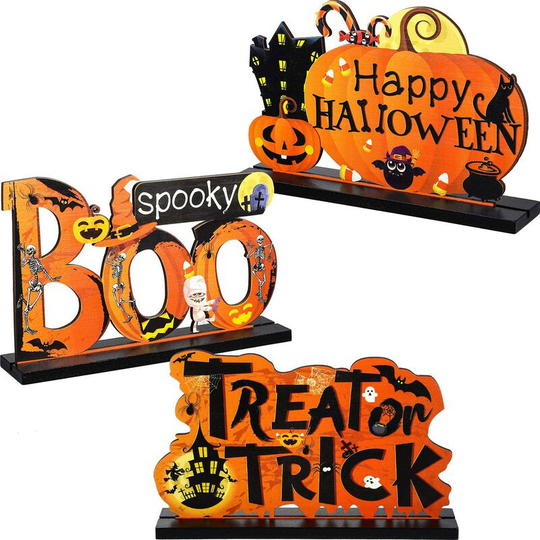 Einemgeld - 3 Pcs Happy Halloween Sign Wooden Pumpkin Boo Table Decorations Treat or Trick Table Centerpieces Night Party Day Table Centerpieces for