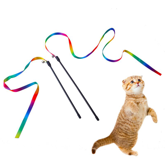 Cat Toy Rainbow Wand, 4pcs Rainbow Ribbon Wand for Kitten Training, Rainbow Ribbon Cat Charmer Wand Interactive Catcher Wand