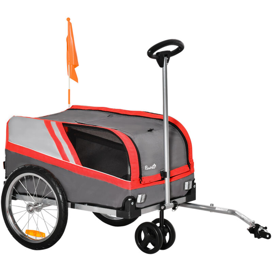 Dog Bike Trailer Two-In-One Pet Trolley Stroller Cart Bicycle Red - Red - Pawhut