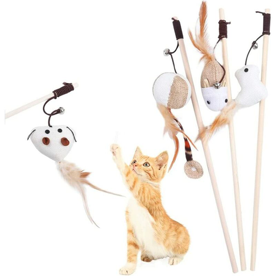 4 Pieces Feather Toys for Cats Toy Cat Stick Interactive Toy Set Interactive Feather Stick Spring Wand Set Cats Toys Interactive Retractable Fishing