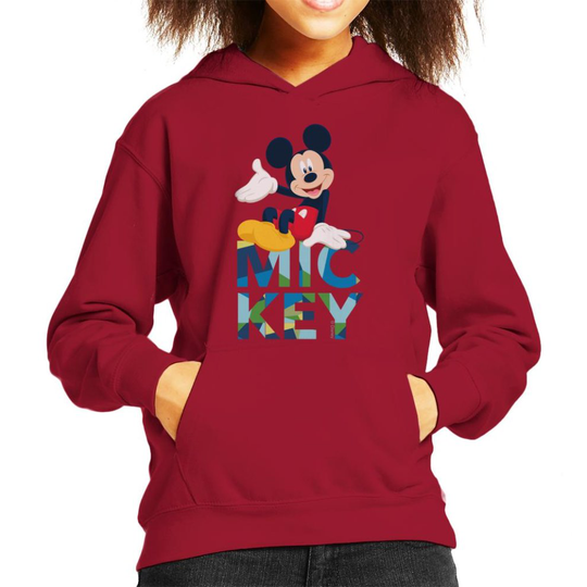 (X-Large (12-13 yrs), Cherry Red) Disney Mickey Mouse Colour Text Kid's Hooded Sweatshirt