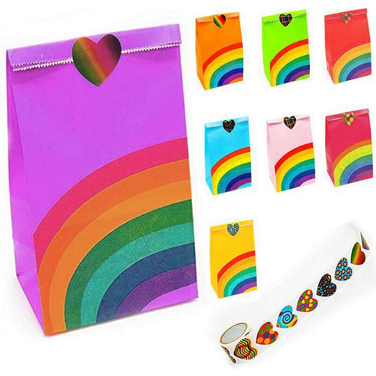 Readcly - 48Pcs Color Kraft Bag and 100Pcs Heart Sticker,Gift Bags Rainbow Paper Bag for Candy, Cookies, Nuts, Chocolates Christmas, Wedding or