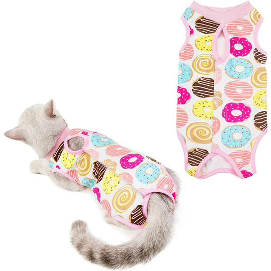 Soekavia - Cat Recovery Suit, 1 Piece Cat Wound Surgery Recovery Suit Breathable E-Collar Alternative for Cats and Dogs, Donuts, Chest Girth 13.39'