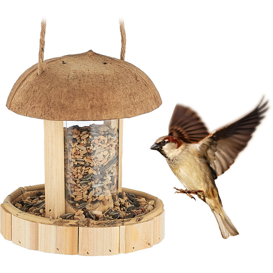 Relaxdays Bird Feeder, Feeding Station, Hanging, H x W x D: 17 x 14.5 x 14.5 cm, Wood, Plastic, Natural