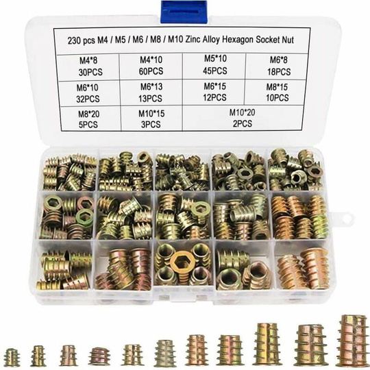 145 Pcs M6 M8 M10 Hex Nuts with Threaded Inserts, Zinc Alloy Hex Threaded Insert Nuts Inserts for Wood Furniture Nut Tool Kit