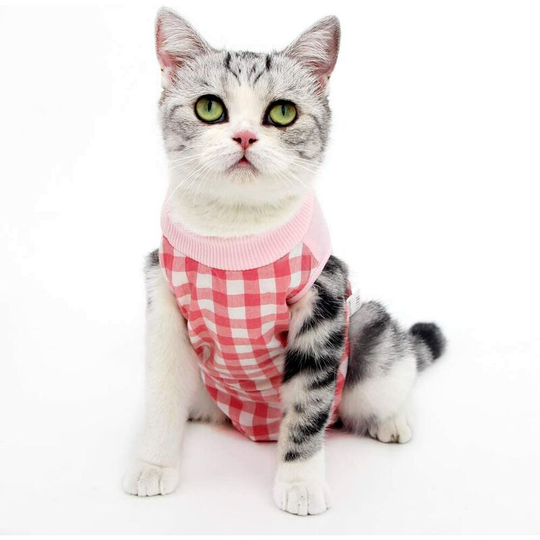 Cat Professional Recovery Suit Surgical clothing for abdominal wounds Grid design for cats Collar cone replacement e after the operation Pink Grid s