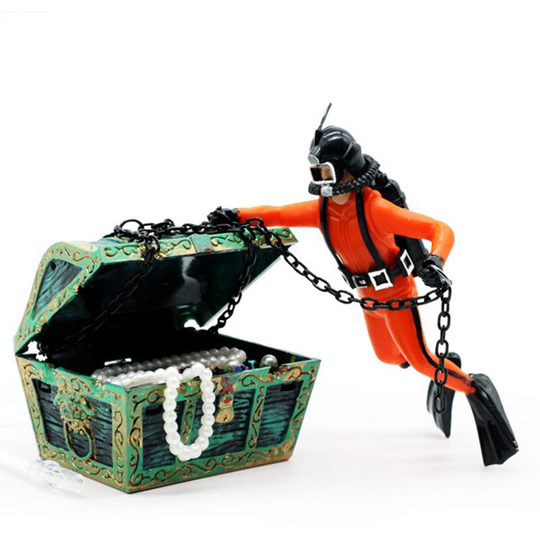 Lifcausal - Aquarium Floating Diver Ornament Aquarium Decoration with Moving Treasure Chest Floating Diver Bubble Action