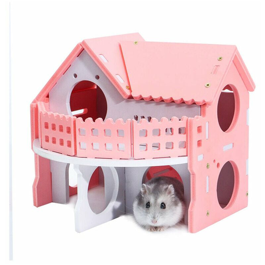 Monly - Luxury Pink Hamster House, Small Pet House Sleeping Nest with Double Layer Villa Balcony Assembly Cage for Guinea Pig Hamsters