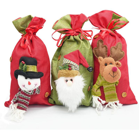 3-Packs Santa Sacks Drawstring Christmas Gift Bags 3D Design Fabric Treat Bags for Xmas Party Supplies 15 x 8 Inches