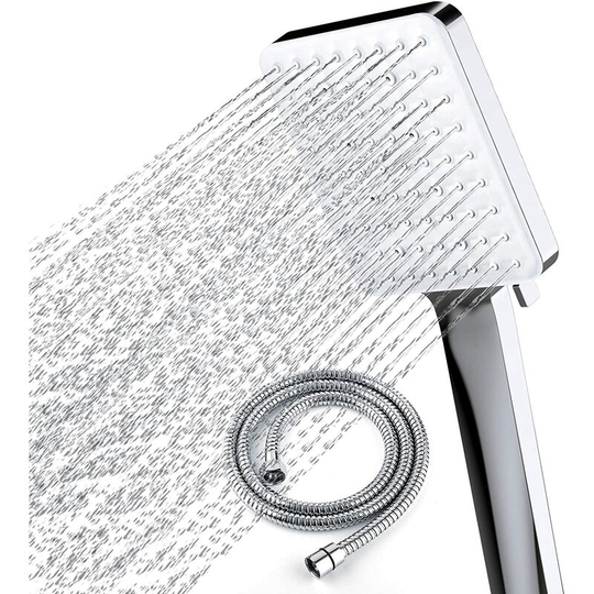 Shower head with hose, high pressure shower head with 1.5 m hose, universal and flexible shower head with 6 spray modes, chrome