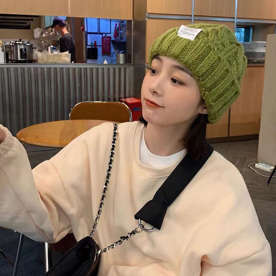 2 pieces of women's winter ear protection winter thickened knitting cute wool warm fried dough twist hat (green)