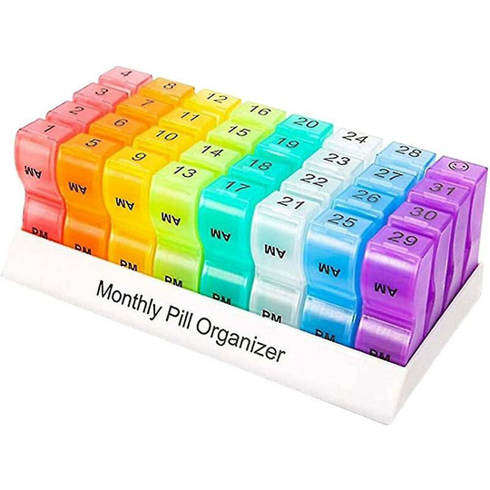 Pill Box With Tray, 32 Compartments Pill Box Colourful Am Pm One Month Vitamins Gift