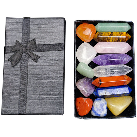 FVO - Premium Healing Crystal Kit in Gift Box 7 Tumbled Stones Set 7 Chakra Stone Set Meditation Stone Yoga Amulet Meditation Double Pointed Wand