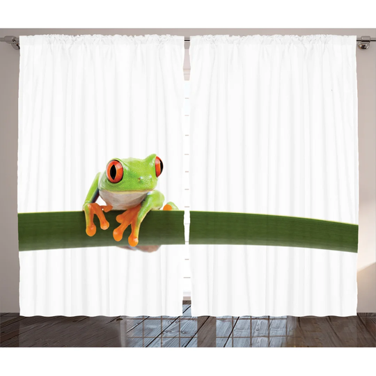 Red Eyed Tree Frog Perches on a Long Slim Leaf Tropic Rainforest Animal Wild Life 2 Piece Room Darkening Curtain Set