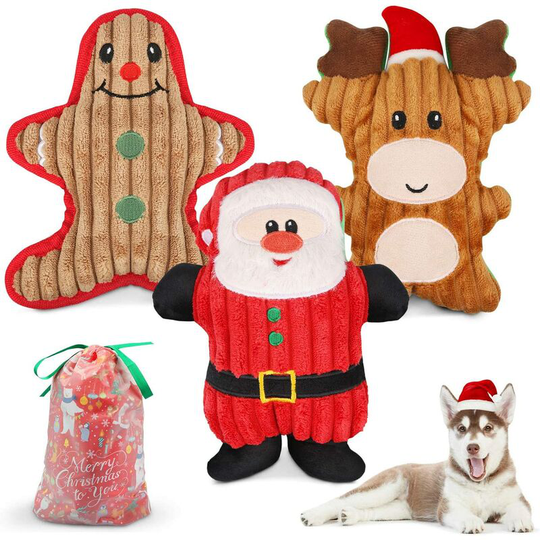 FVO - Christmas Interactive Plush Toy Dog Squeaky Toys Christmas Gift for Small Medium Large Animal Included Ginger Man Reindeer Santa Claus, 3 Pcs