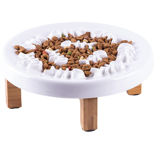 Lifcausal - Slow Feed Bowls Cat Food Puzzle Large Ceramic Plate Bowl with Wood Stand Gobble Stopper Interactive Cat Feeder Fish Bones Insert Bowl for