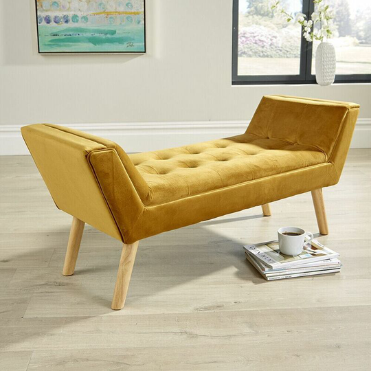 Velvet Mustard Upholstered Fabric Bench Stool Furniture Chair Footstool - Felix