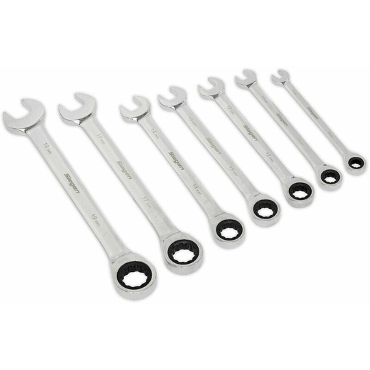 7pc Ratchet Combination Spanner Set - 12 Point Metric Ring Open Head Nut Wrench