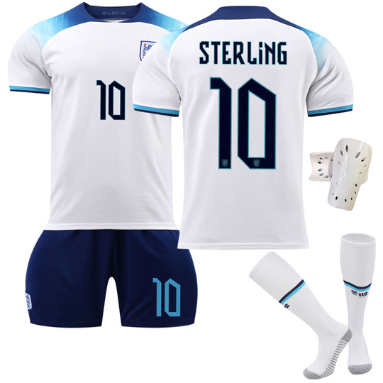England Home White Soccer Jersey Set No. 10 with socks+protective gear, children's size 22