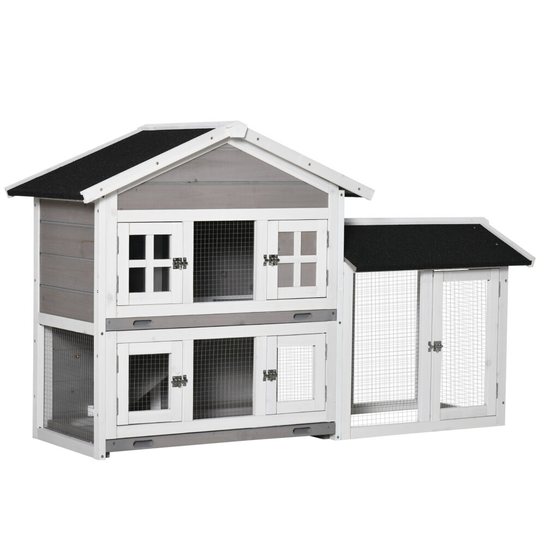 PawHut 2 Tier Wooden Rabbit Hutch Bunny Run with Slide-out Tray Ramp